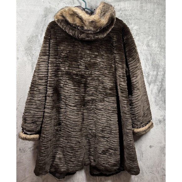 Monique Collection Coat Womens XL Brown Faux Fur Hooded Satin Lined Hook Closure - Picture 3 of 14